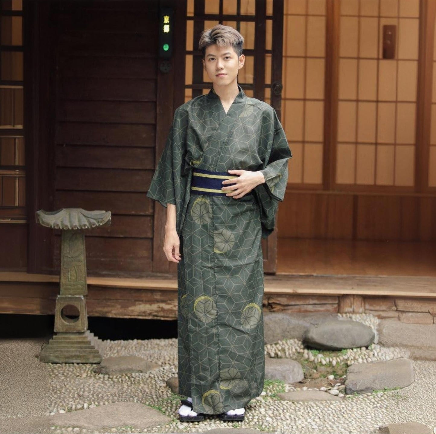 Men Olive Green Yukata Kimono Robe