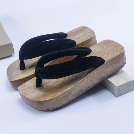 Kimono Wooden Platform Sandals [Black Hanao]