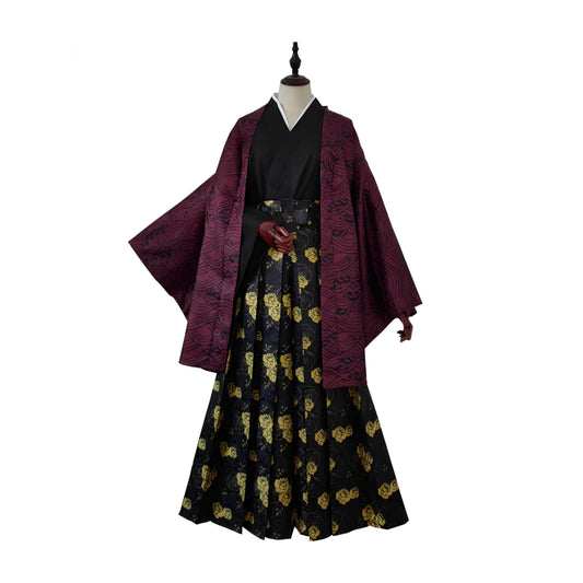 Purple Haori and Golden Rose Hakama Set