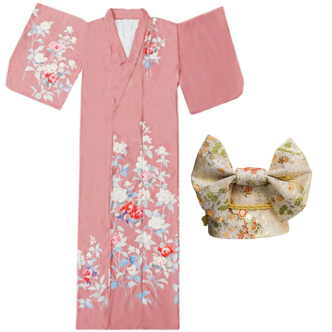 Women Pink Blossom Yukata and Obi Belt Set