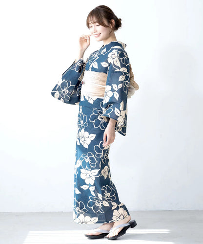 Women Tsubaki Yukata Robe and Obi Belt Set