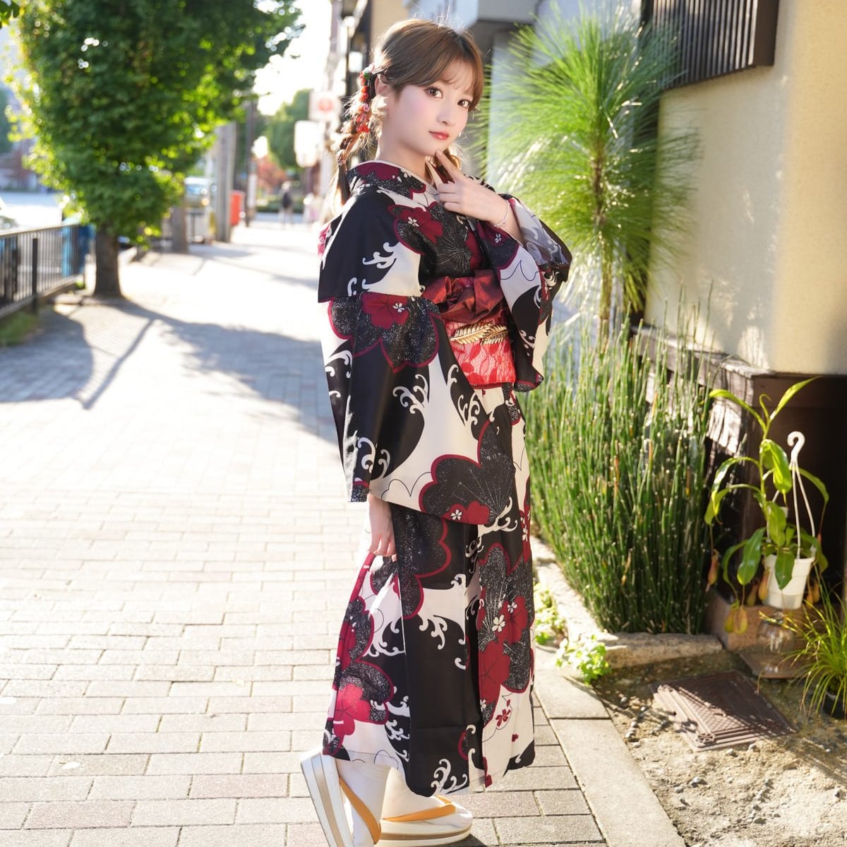 Women Crimson Sakura Wave Yukata and Obi Belt Set