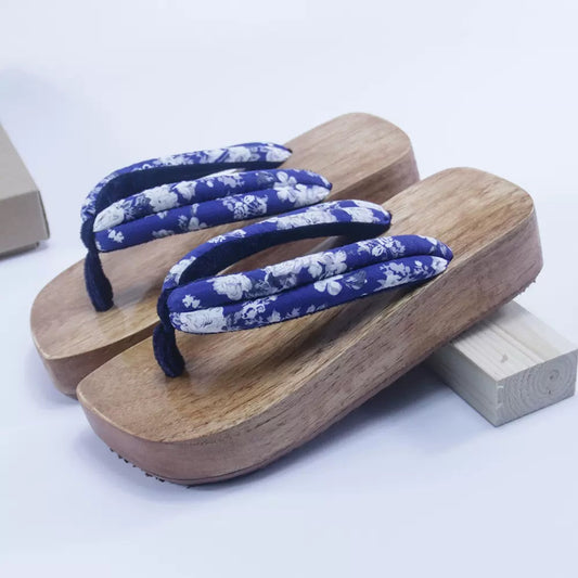 Kimono Wooden Platform Sandals [Blue Flower]