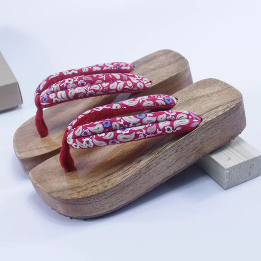 Kimono Wooden Platform Sandals [Red Cashew]