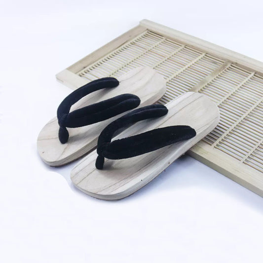 Wide Fit Kimono Wooden Sandals [Black Hanao]