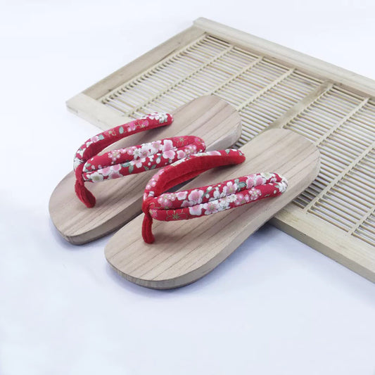 Wide Fit Kimono Wooden Sandals [Red Sakura]