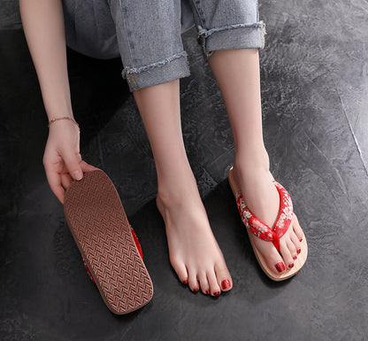 Wide Fit Kimono Wooden Sandals [Red Sakura]