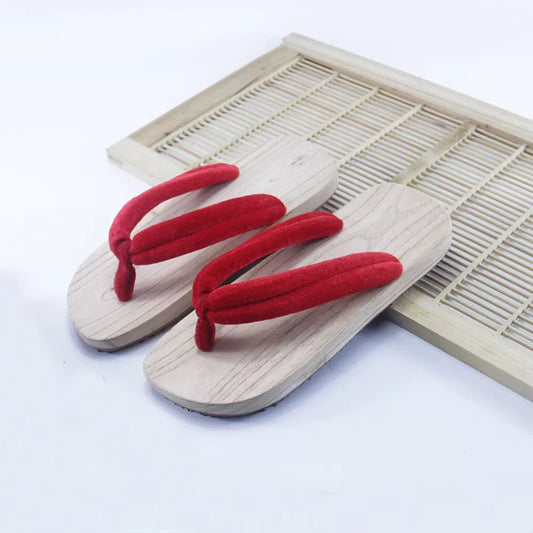 Wide Fit Kimono Wooden Sandals [Red Hanao]