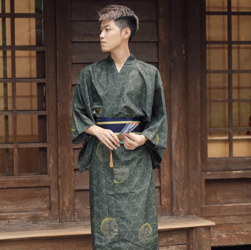 Men Olive Green Yukata Kimono Robe