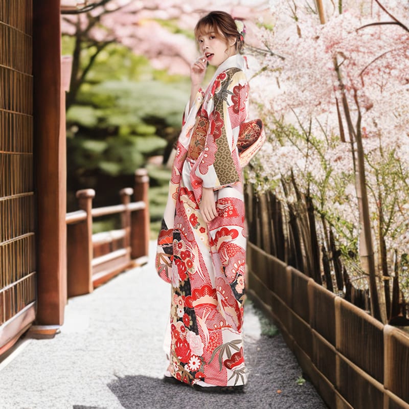 Women Sakura Fan Yukata and Obi Belt Set