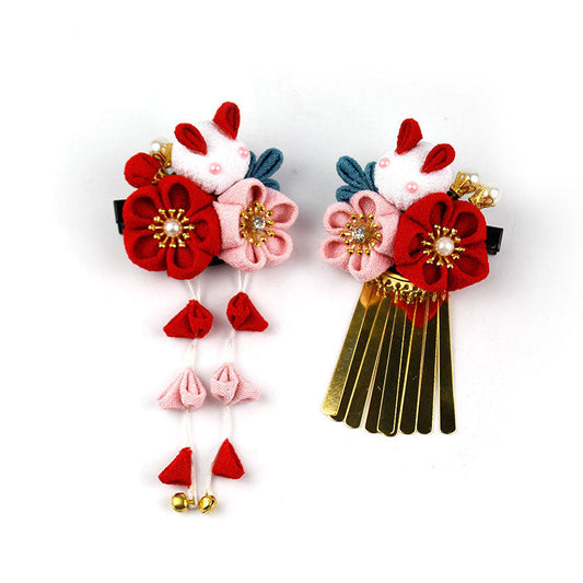 Handmade Tsumami Kanzashi Hair Clip 2 Pieces Set 【Red Sakura x Rabbit】