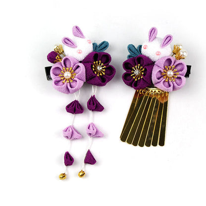 Handmade Tsumami Kanzashi Hair Clip 2 Pieces Set 【Purple Sakura x Rabbit】