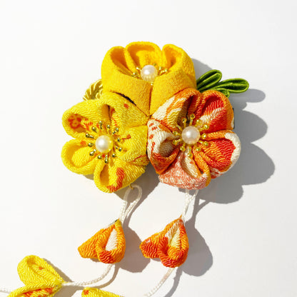 Handmade Tsumami Kanzashi Hair Clip 2 Pieces Set 【Yellow Sakura】