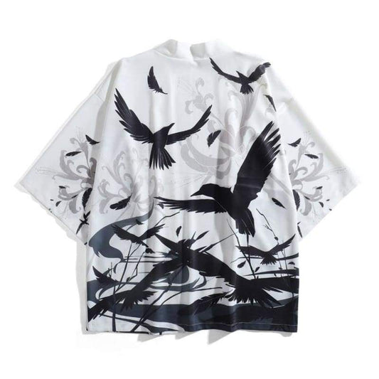Haori | Black & White Raven Kimono Cardigan 