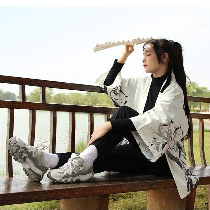 Haori | Black & White Raven Kimono Cardigan 