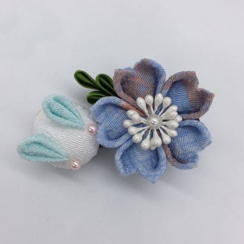 Accessory - Handmade Tsumami Kanzashi Hair Clip [blue Sakura] - Foxtume