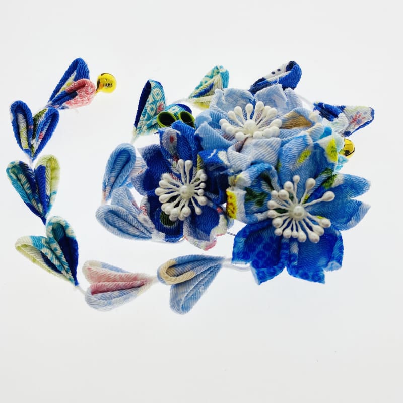 Accessory - Handmade Tsumami Kanzashi Hair Clip [blue Sakura] - Foxtume