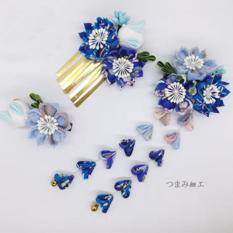 Accessory - Handmade Tsumami Kanzashi Hair Clip 【blue Sakura】 - Foxtume