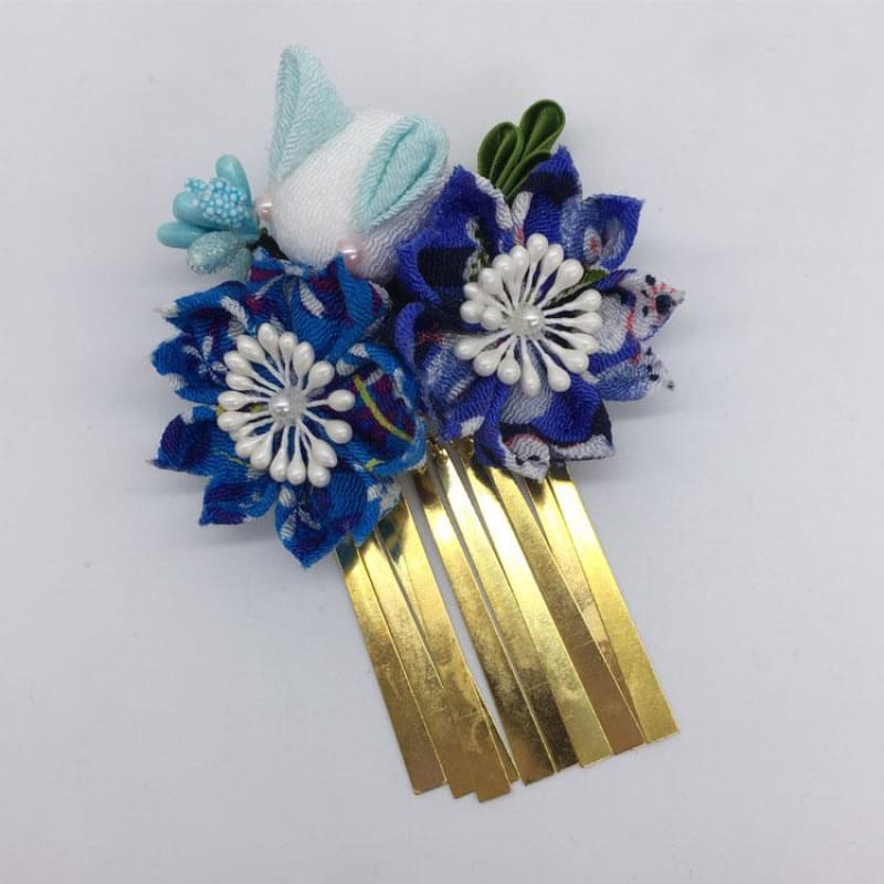 Accessory - Handmade Tsumami Kanzashi Hair Clip [blue Sakura] - Foxtume