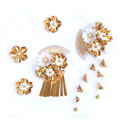 Accessory | Handmade Japanese Traditional Tsumami Kanzashi Hair Clip Set [Golden Sakura] | Foxtume